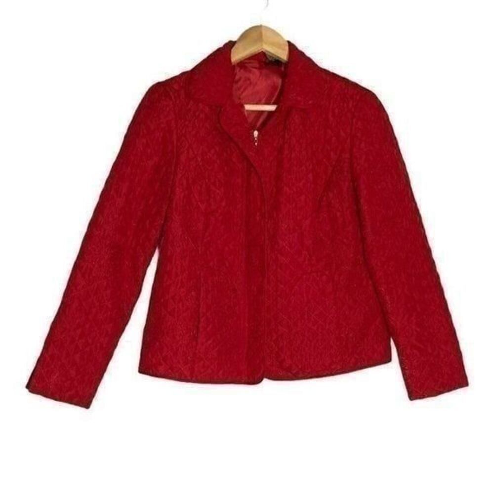 R.Q.T. Quilted‎ Embroidered Zip Up Collared Blazer Red Size Small Petite Pockets